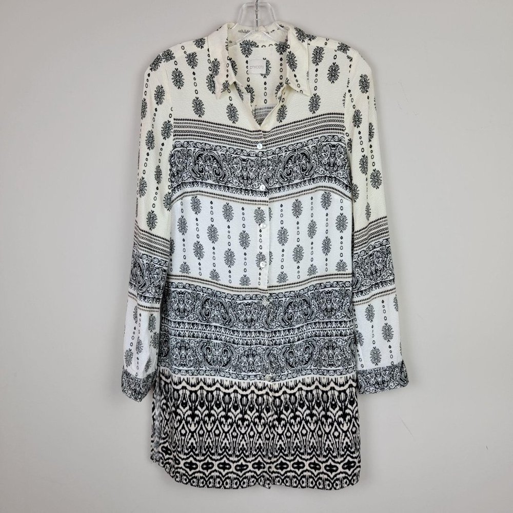 Chico's Black White Long Sleeves Floral Print Button Down Shirt Dress Size XS